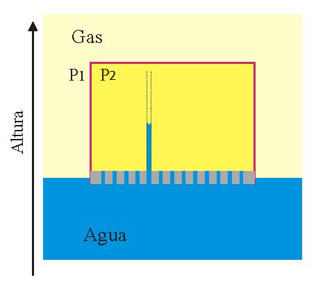 Se aumenta la presión dentro del recipiente cerrado. El nivel de líquido disminuye dentro del capilar «completo» y el sello capilar impide la fuga de gas.